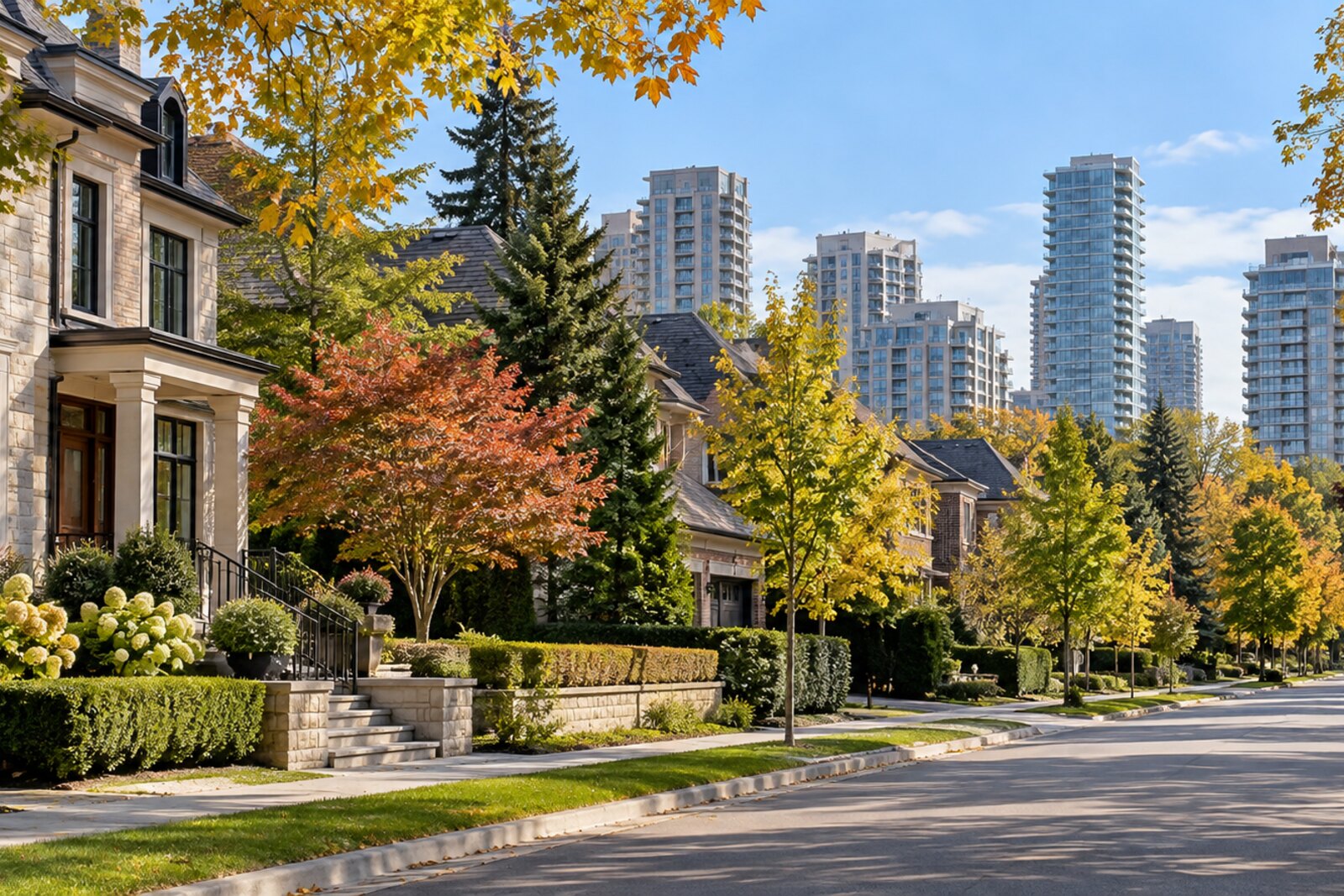 Bayview Village 低层住宅与远处公寓建筑的秋季社区景观